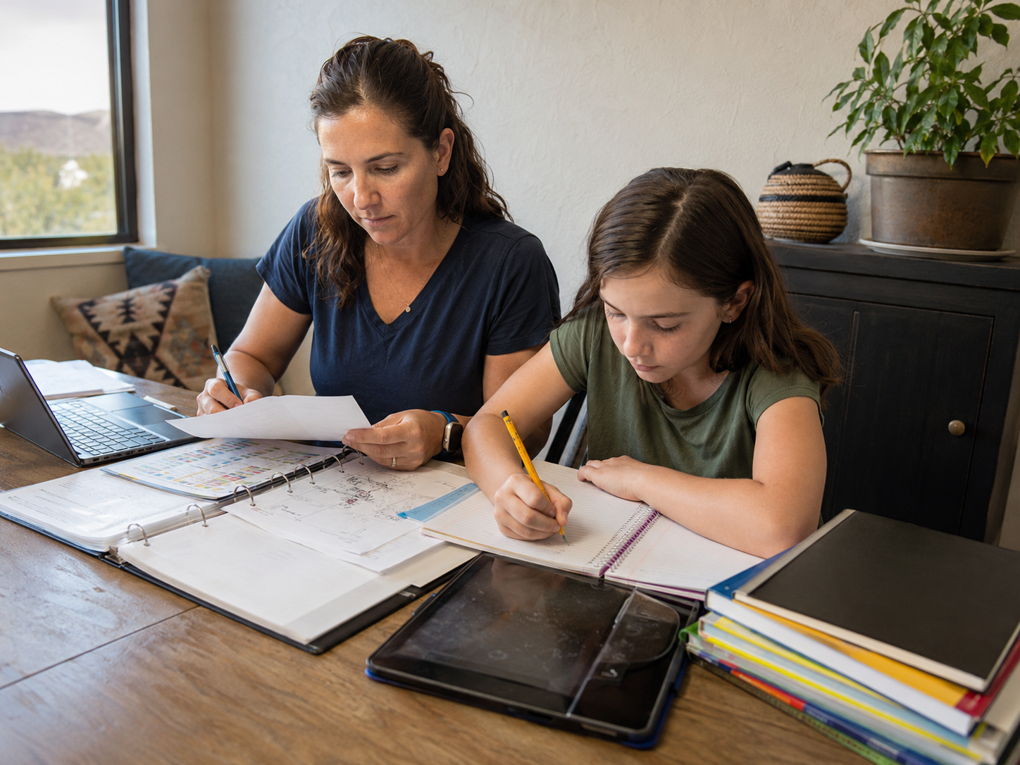 Arizona homeschool desk scene with laptop, curriculum, pencils, and education planning notes