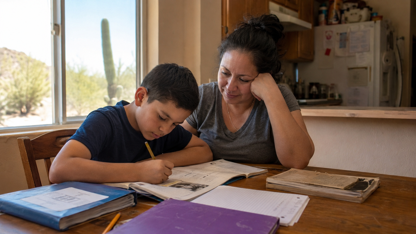 Tucson homeschool family studying together with books and learning supplies in warm desert light