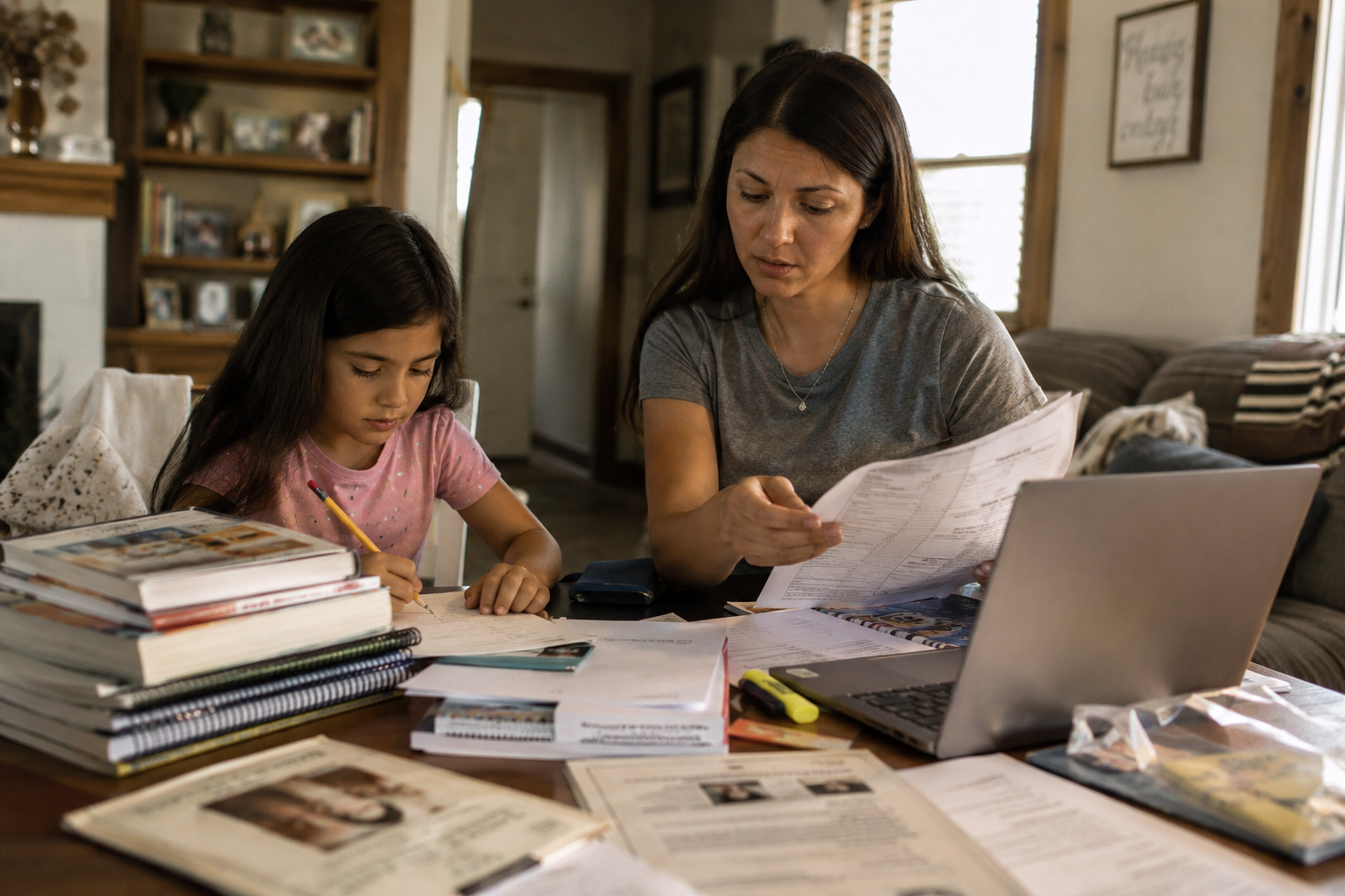 Books, pencils, field trip tickets, sports gear, and learning supplies arranged on a premium nonprofit-style desk
