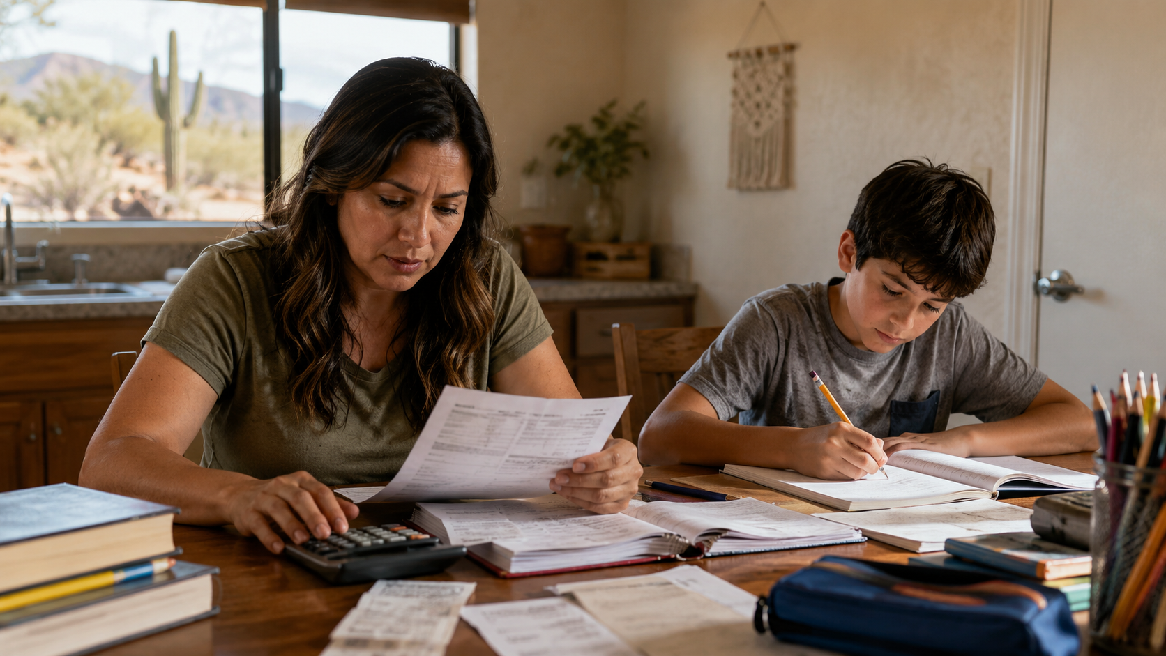 Parent and student reviewing homeschool materials with notebooks, books, and a laptop