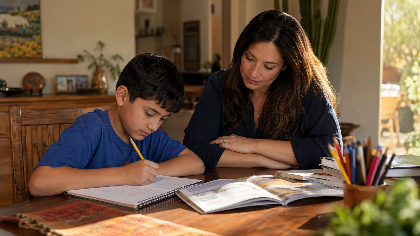 Homeschool parent and student in Tucson working together with educational materials