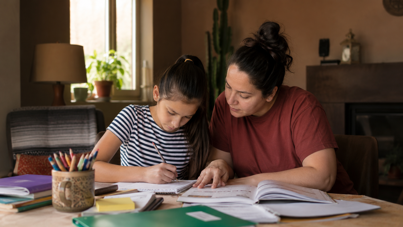 Homeschool family in Tucson working together with learning materials at home