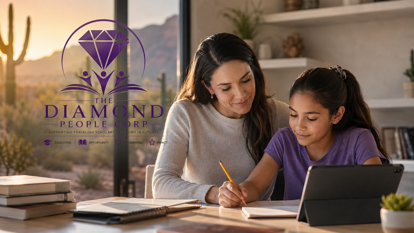 Homeschool family learning support with education materials and Diamond People Corp branding